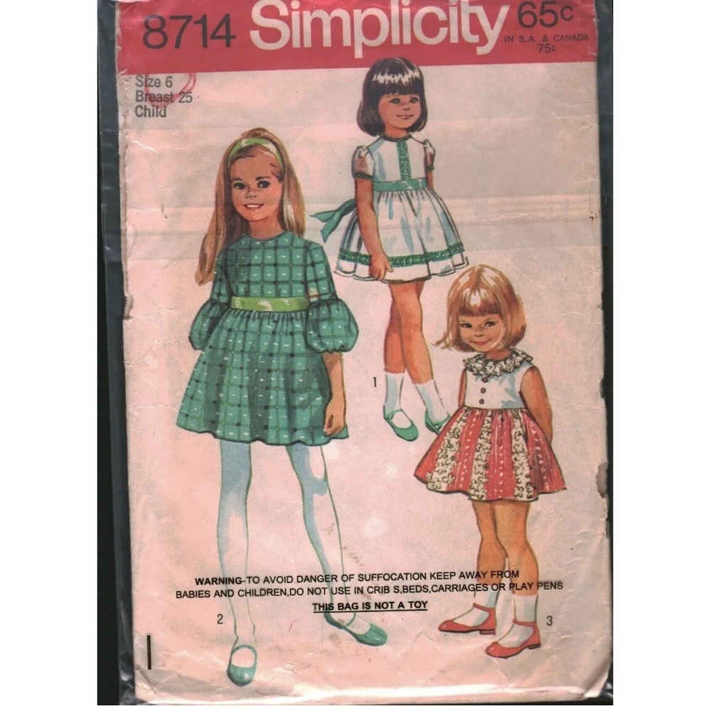 Simplicity 8714 Vintage 1970s Girls Dress Sewing Pattern Size 6 Cut Complete